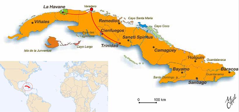 carteMondeCuba_MM.JPG - L'île de Cuba est la plus grande île des grandes Antilles. Elle a été une colonie espagnole de 1492 à 1898. Depuis 1959, Cuba est une république socialiste. En rouge les endroits visités.