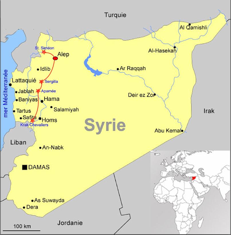 syrieMondeMM01.jpg - La Syrie, 20 Mio. d'habitants. Elle accueillait l’une des plus anciennes civilisations du monde. Le pays était sous mandat français de 1920 à 1946. Mes escales en rouge sur la carte.