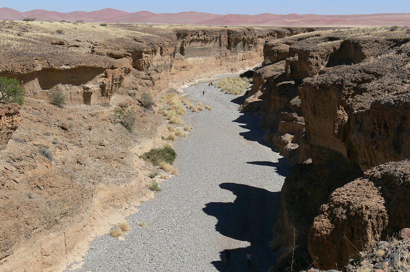 P1130353.JPG - Sesriem Canyon vieux d'environ 2 à 4 millions d'années. Il est situé à 4km du désert de Namib (on voit les premières dunes à l'horizon). Il a une profondeur de 40m sur une longueur de 3km. À la saison des pluies le niveau de la rivière Tchausab peut atteindre 5 m de profondeur. Le nom Sesriem -qui signifie 6 ceintures en Afrikaans- est dû au fait que les colons devaient relier 6 ceintures afin de puiser l'eau de la rivière.