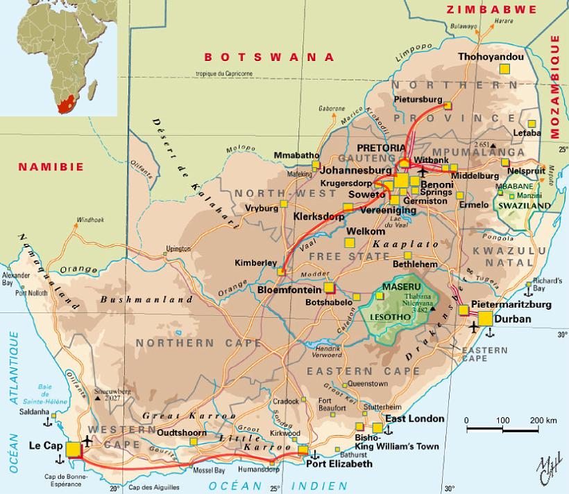 CarteAfriqueSud_intineraireMM.JPG - L'Afrique du Sud. 49 Mio d’habitants avec 79,3 % de Noirs, 9,1 % de Blancs, 9 % de Métis et 2,6 % d'Asiatiques. C'est le pays africain, parfois appelé « nation arc-en-ciel », avec la plus grande portion de populations « colorées ». J'ai eu l'occasion d'y aller plusieurs fois en visitant différentes régions.