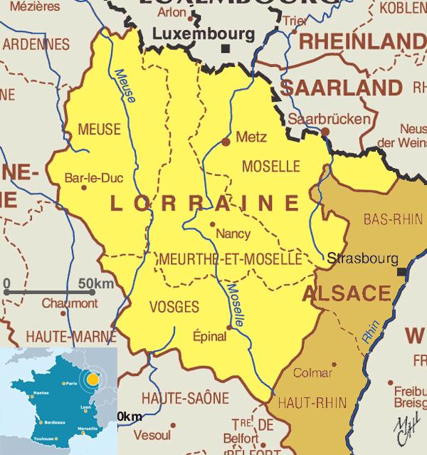 AlsaceLorraineMM01.jpg - La Lorraine (Meurthe-et-Moselle, Meuse, Moselle, Vosges). 2337 communes et 2,3 Mio d'habitants (100 hab/km²). C'est la seule région française à partager ses frontières avec trois autres pays : Belgique, Luxembourg et Allemagne. L'Alsace (Bas-Rhin et Haut-Rhin). 904 communes et 1,8 Mio d'habitants. C'est la plus petite région de France, mais la troisième la plus densément peuplée de France (223 hab/km²).