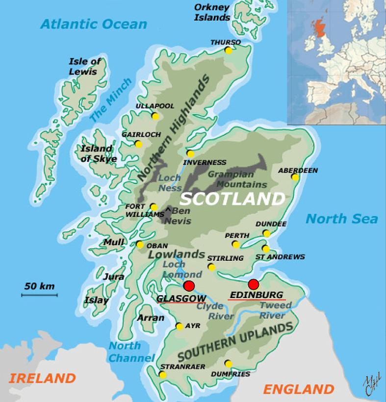 carte_ecosseMM.JPG - L'Écosse, avec 5 Mio d'habitants, est l'une des quatre nations qui composent le Royaume-Uni. La capitale est Édimbourg, mais la plus grande ville est Glasgow.