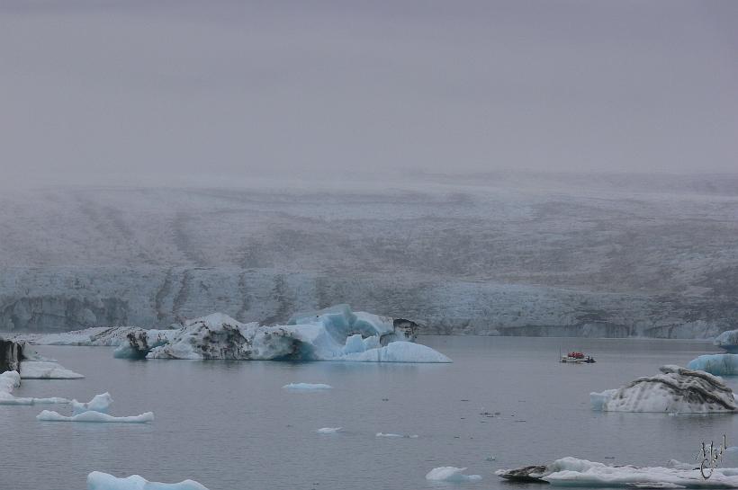 060805_Islande_Jokulsarlon_SE_828.JPG - En arrière-plan du lac, profond de 200 mètres, on voit les flancs du glacier Vatnajökull. Sa surface, qui peut avoir plus d'1km d'épaisseur, recouvre environ 8% du territoire islandais. La formation du glacier daterait d'il y a environ 2500 ans.