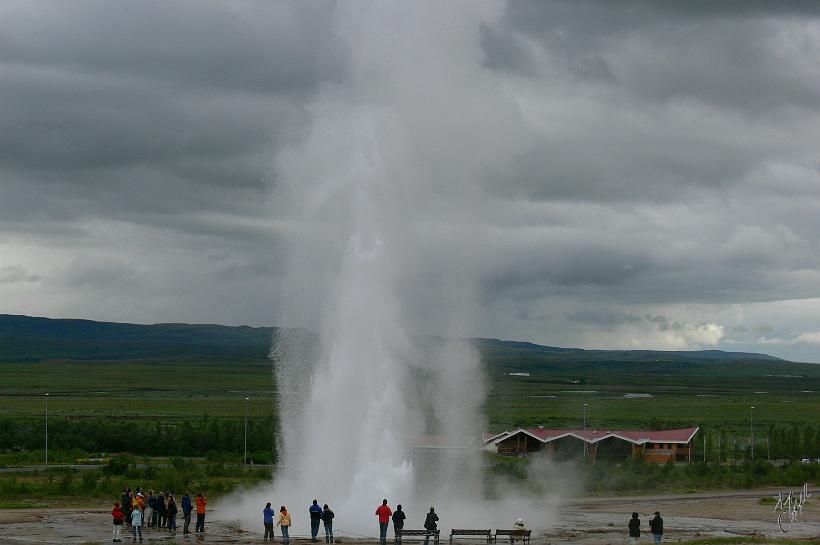 060808_Islande_Geysir_Sud_620.JPG - Certains geysers peuvent atteindre 60 mètres de haut. Celui ci, le Strokkur est très actif et produit une éruption toutes les 5 à 10 minutes. Il projette de l'eau chaude à une hauteur de 25 mètres.