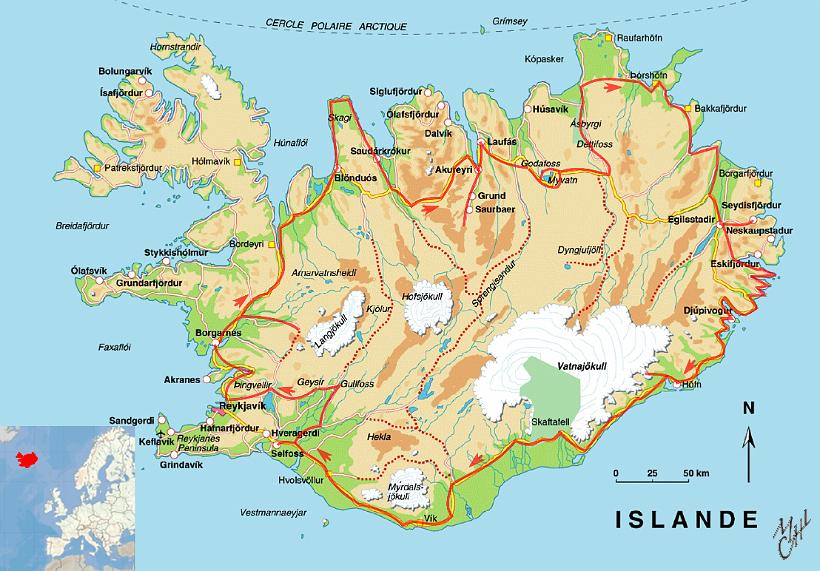 islandeMM01Traits.JPG - L’Islande est sur la dorsale médio-océanique entre l’Europe et l’Amérique (la partie nord-ouest de l'île est sur la plaque américaine et la partie sud-est sur la plaque eurasiatique). D’où le grand nombre de tremblements de terre et de volcans. 10 % de l'île est recouverte de glaciers. L'île compte 320.000 habitants. Plus de la moitié vit à Reykjavík et dans le sud-Ouest . En rouge mon circuit.