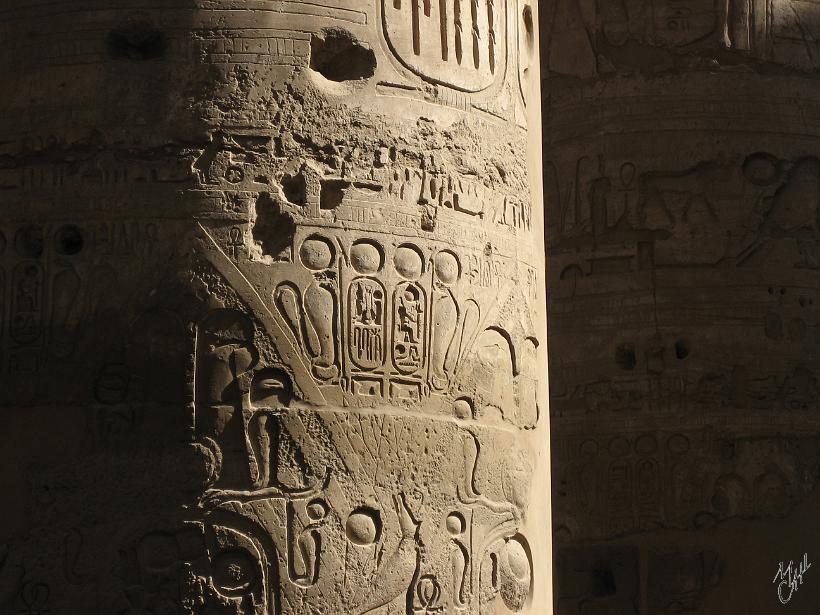 IMG_4450.JPG - Les hiéroglyphes étaient également colorés. Pour les dessiner, les Egyptiens s'inspiraient d'objets, d'animaux, de plantes, de parties du corps. A l'époque il existait plus de 700 signes différents. Les cartouches sont les symboles allongés qui contiennent le nom d'un Pharaon.