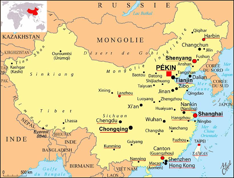 CarteMM_Chine.JPG - La Chine, plus de 1,3 milliard d'habitants, est le pays le plus peuplé du monde. C'est le 3ème plus grand pays après la Russie et le Canada. C'est la plus ancienne civilisation existant encore de nos jours (déjà présente il y a 5.000 ans). La République populaire de Chine se compose de 22 provinces, 5 régions autonomes, 4 municipalités et 2 régions administratives spéciales (Hong Kong et Macao).