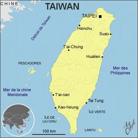 carte_taiwan_fr2.JPG - L'île de Taiwan au sud-est de la Chine (ou Formose, comme l'appelaient les marins portugais). Elle est constituée de montagnes escarpées couvertes de végétation tropicale et sub-tropicale.