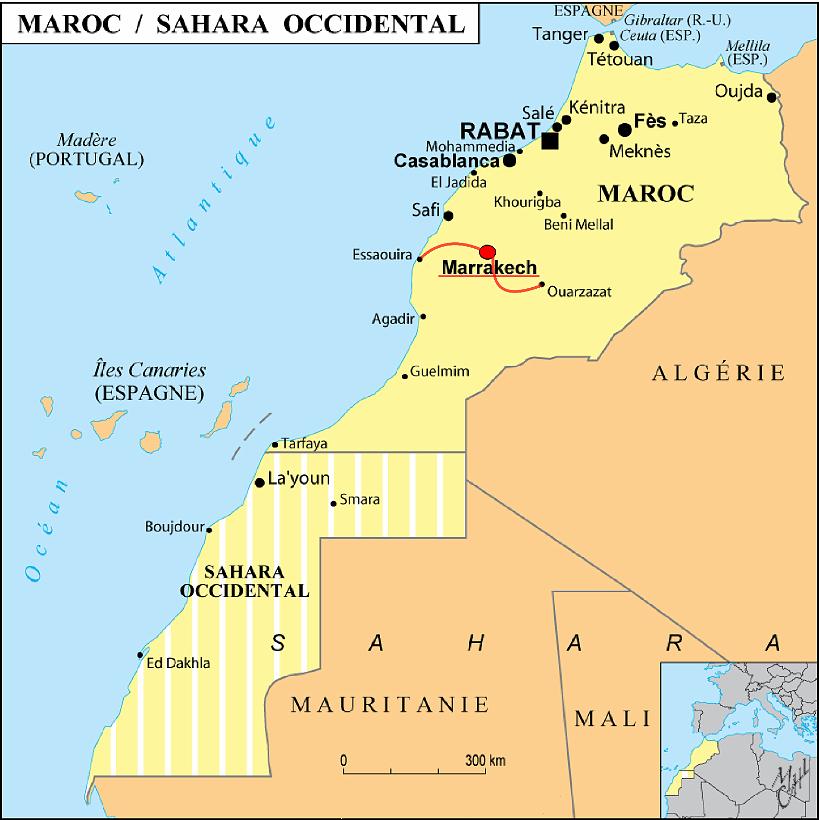 CarteMarocMM01.jpg - Le Maroc est l'une des plus vieilles monarchies au monde (Roi Mohammed VI). Le pays compte 34 Mio. d'habitants. La capitale est Rabat. La grande diversité de paysages (côtes, montagnes, plaines, désert) rend le climat très variable en fonction des régions (entre 5 et 50°C). 