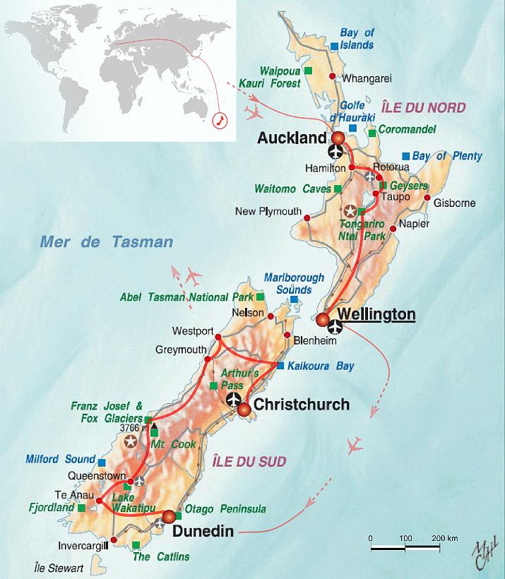 MapNZ_MM_av01.JPG - La Nouvelle-Zélande est principalement constituée de l'île du Nord et l'île du Sud. Très isolée, on y rencontre une flore et une faune riches et variées. Ancienne colonie britannique en 1907, elle est indépendante depuis 1947. Les Maoris forment la minorité la plus nombreuse.